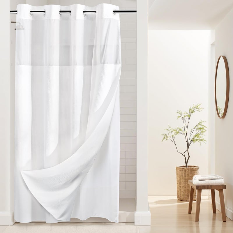 River Dream Stall Heavyweight No Hooks Required Dotted Waffle Weave Shower Curtain with Snap in Liner- 54W x 80H,Hotel Grade,Spa Like Bath Curtain,White - Image 1